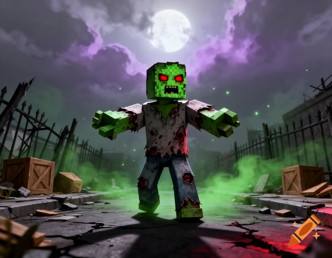 A Roblox-style blocky zombie with glowing red eyes walking down a cracked street at night under a full moon, surrounded by green mist.