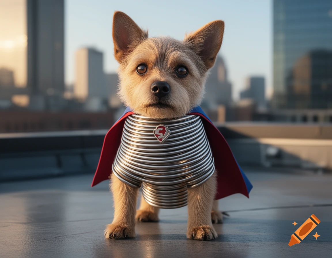 Photorealistic image of a small terrier dog with a metal slinky body wearing a superhero cape, standing on a rooftop.