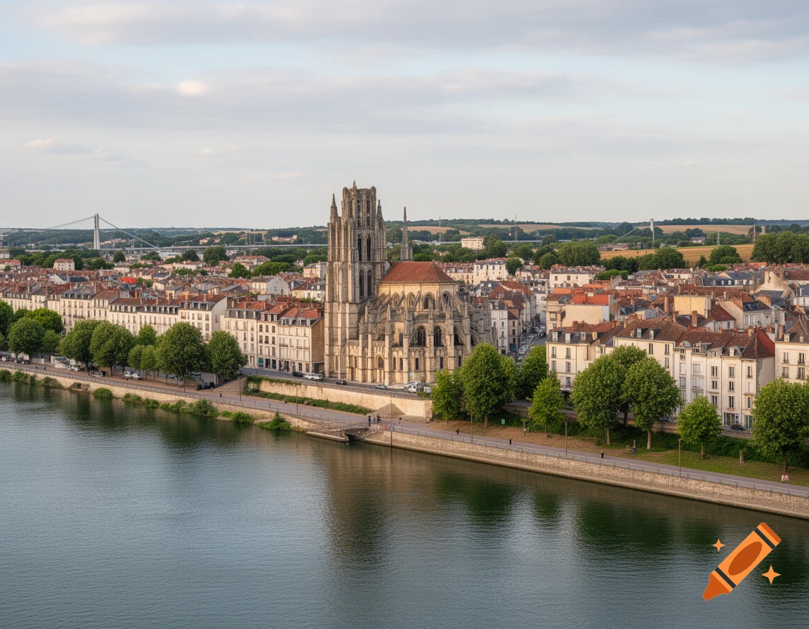 Photorealistic aerial view of a French city along a river, featuring a large gothic cathedral with towers.