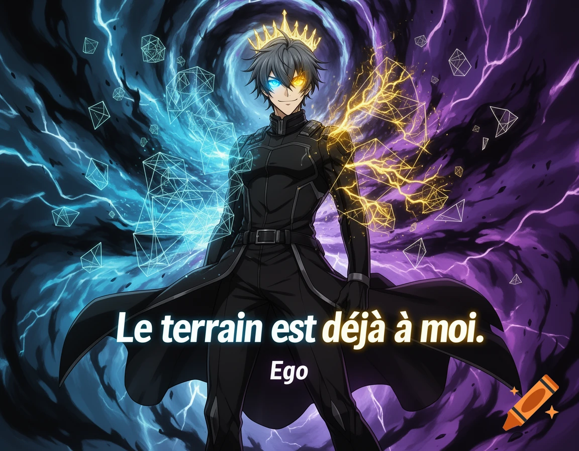 Anime character with a crown, blue and yellow eyes, surrounded by lightning and geometric shapes, with French text overlaid.