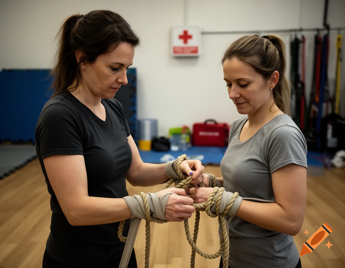 Photorealistic image of two women tying ropes around each other's wrists in an indoor gym.