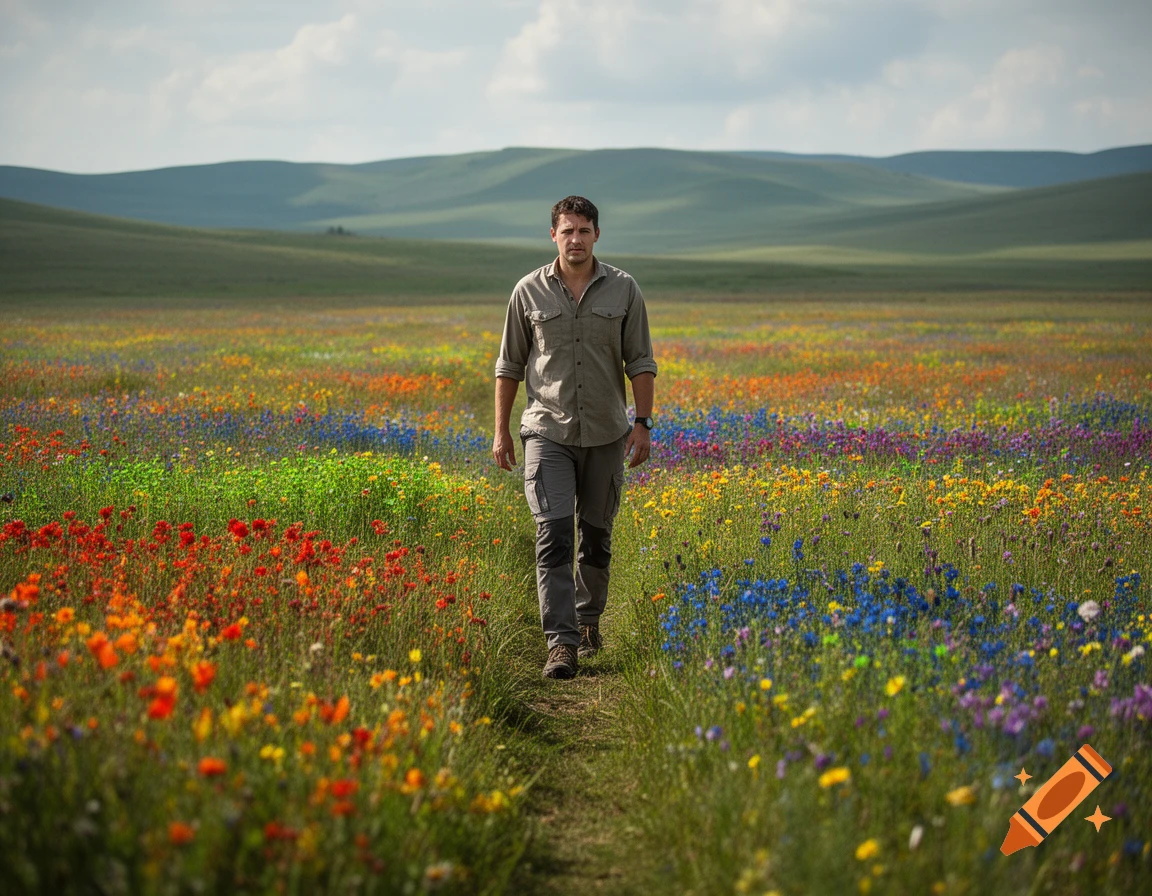 A man walking through a vast field of colorful rainbow flowers under a partly cloudy sky, photorealistic.