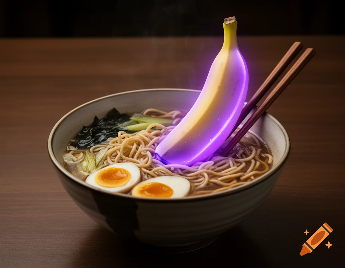A bowl of ramen noodles with soft-boiled eggs and chopsticks, featuring a glowing neon purple banana wedged upright.