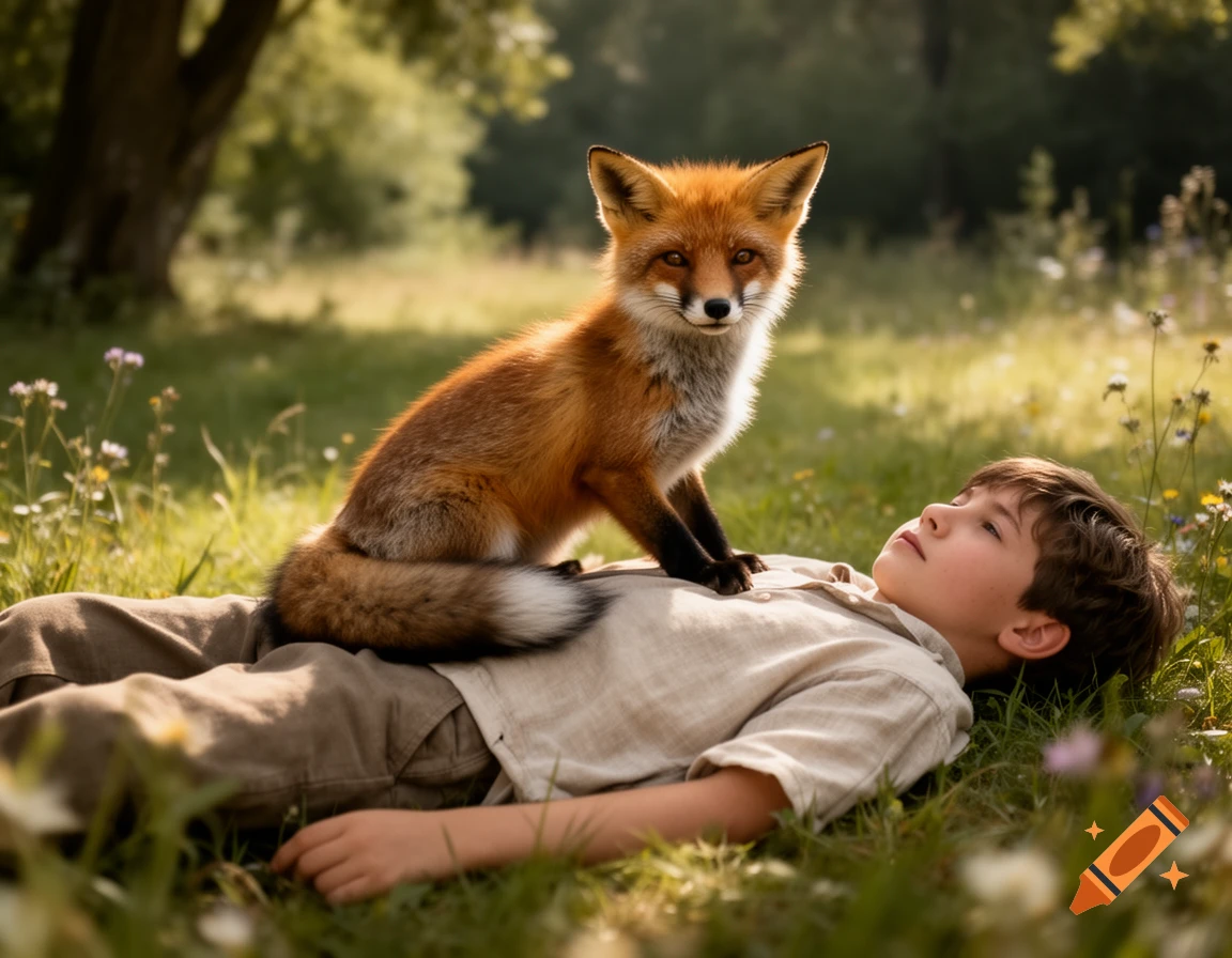Photorealistic image of a red fox sitting on the belly of a young boy lying in the grass in a sunny park.