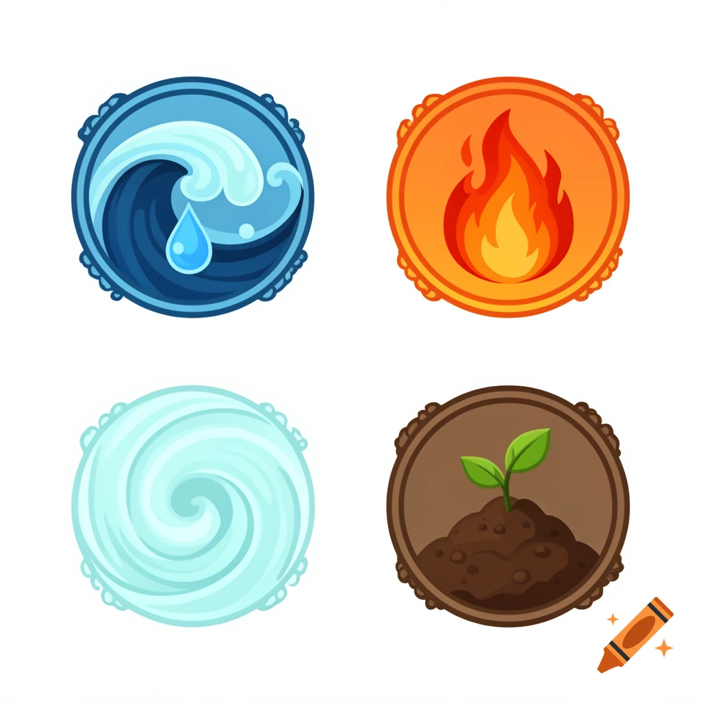 Digital art of four circular fantasy game icons representing the elements water, fire, air, and soil.