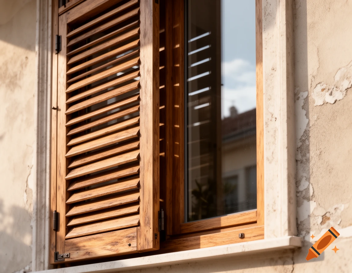 Photorealistic angled view of a wooden slatted window shutter against an aged plaster wall.
