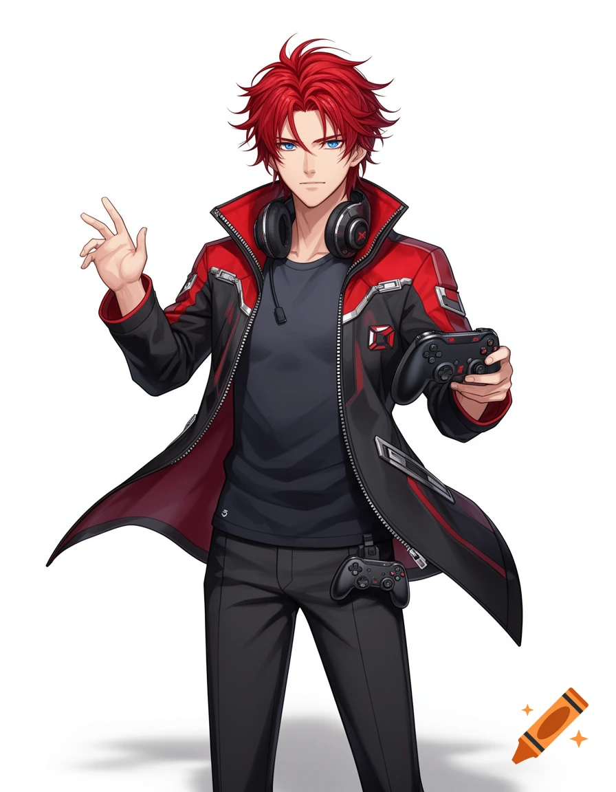 Anime style illustration of a young man with red hair wearing a black and red jacket, holding a game controller.