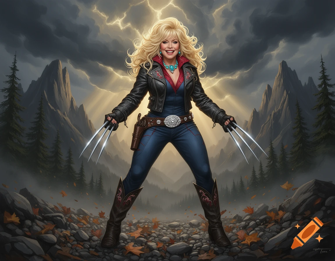Digital illustration of Dolly Parton as Wolverine with adamantium claws extended, standing in a rocky landscape with mountains and storm clouds.
