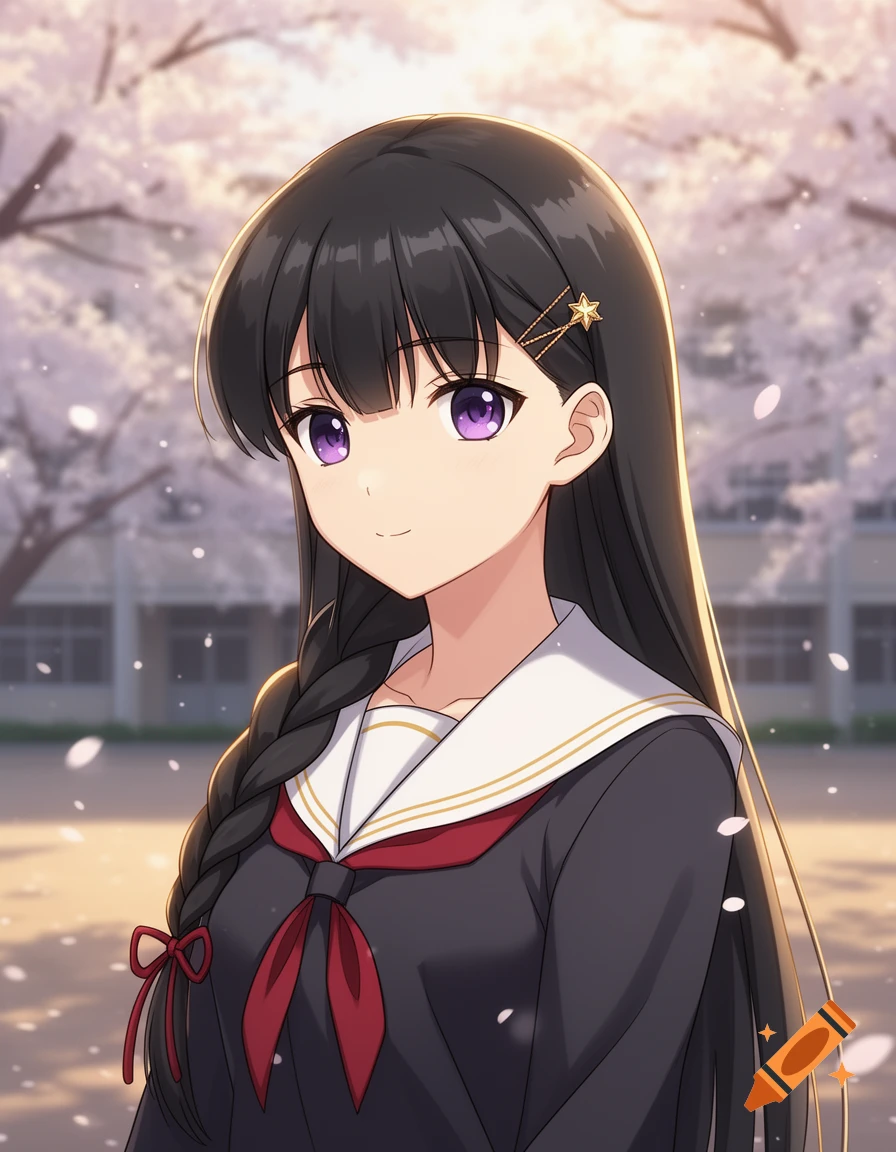 Anime illustration of a smiling schoolgirl with long black hair, a braid, and purple eyes, against a backdrop of cherry blossoms.