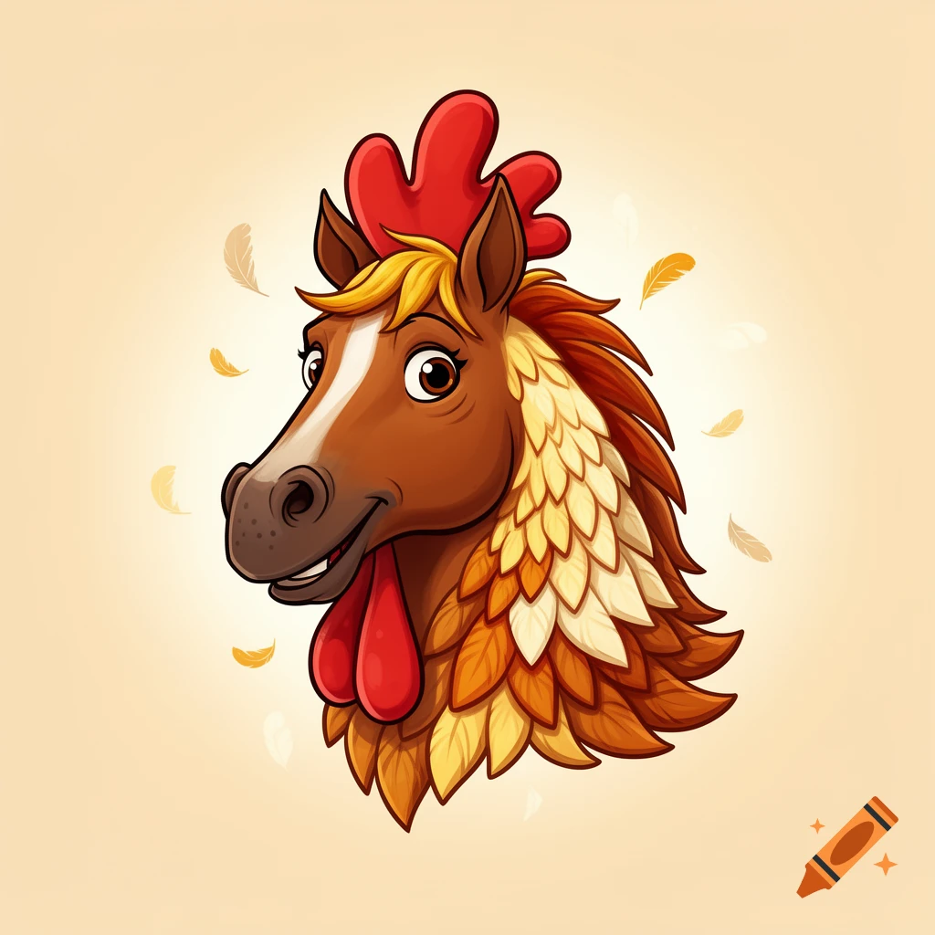 Cartoon illustration of an animal hybrid with a horse's head and a rooster's comb and wattle.