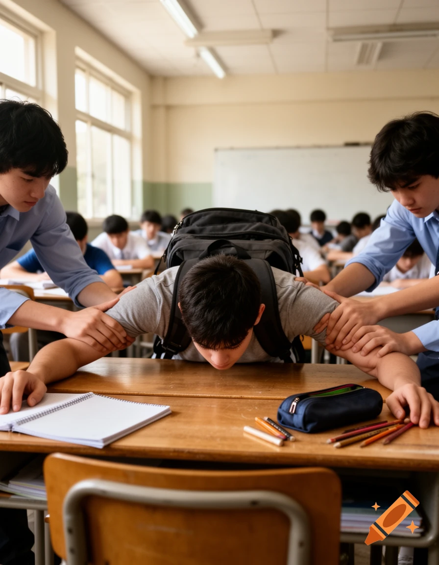 Photorealistic scene of students in a classroom with a student bent over a desk and classmates holding his arms.