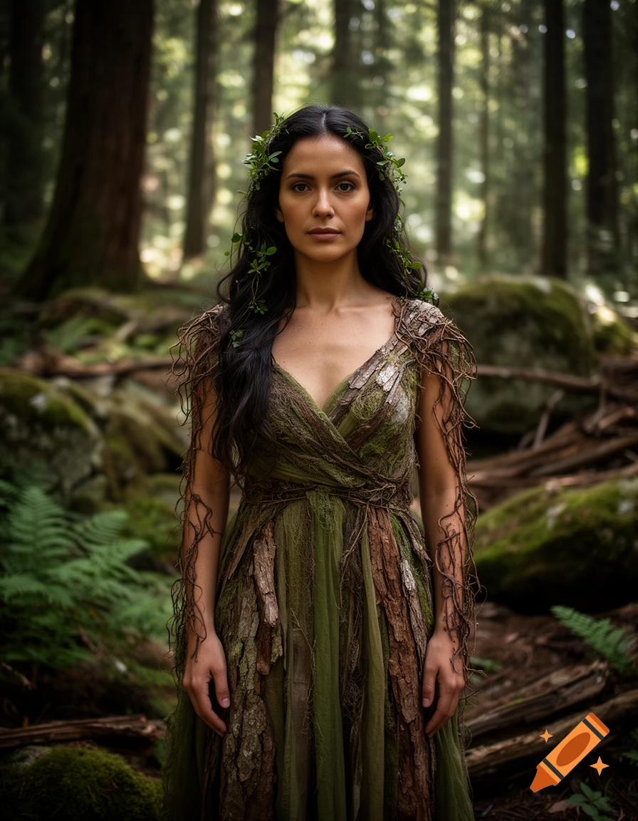 Photorealistic portrait of a female wooden spirit with vine crown and bark dress in a lush green forest.
