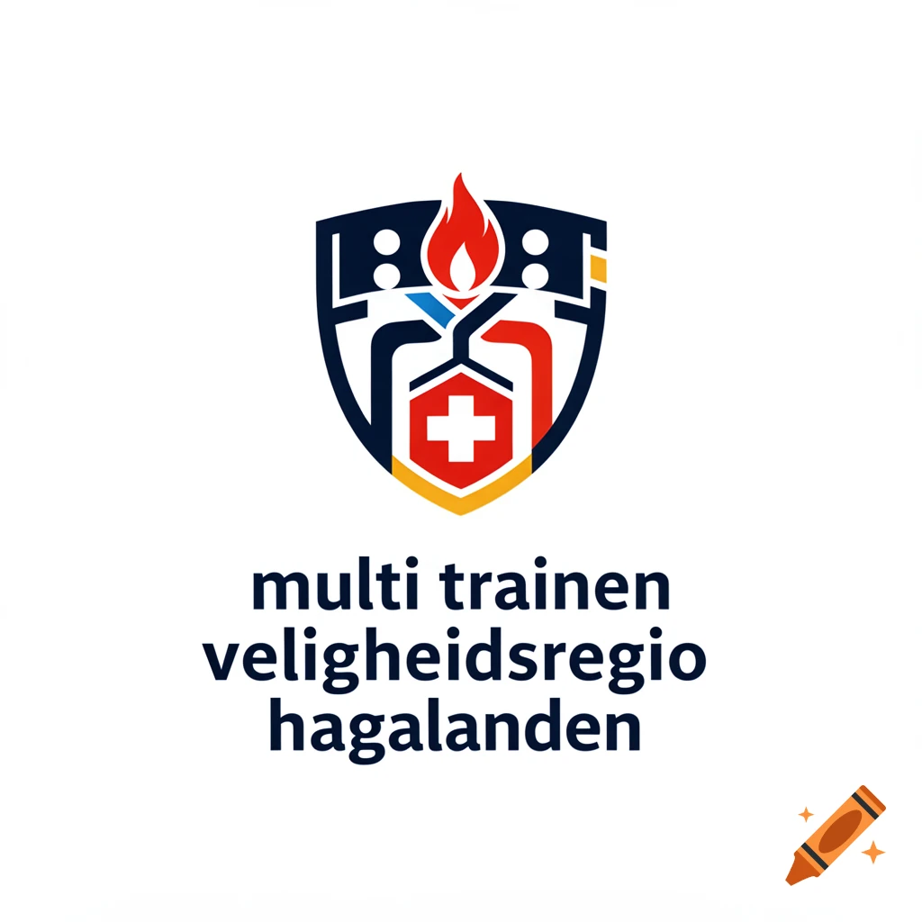 A graphic shield logo featuring a red flame, blue elements, and a white cross, with the Dutch text multi trainen veiligheidsregio haaglanden underneath.