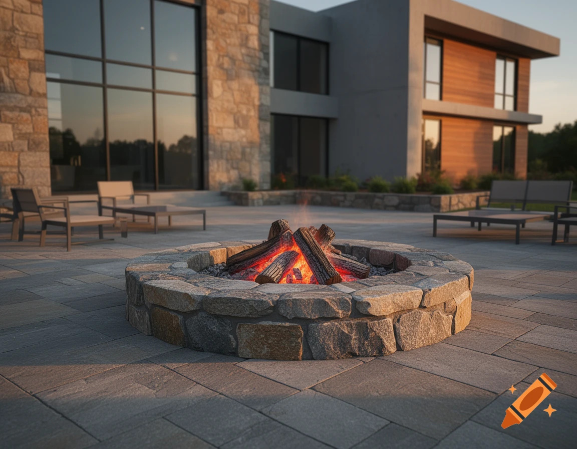 Photorealistic stone fire pit on a modern patio with seating and a contemporary building in the background.