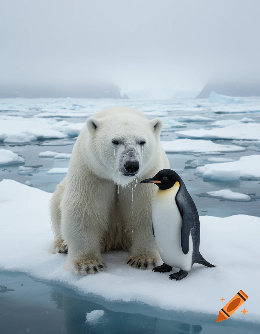 A photorealistic image of a sad polar bear with melting ice on its face and a penguin standing beside it on an ice floe.