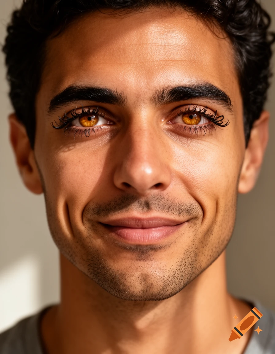 Close-up portrait of a man with olive skin, caramel eyes, curly eyelashes, and a dimpled smile.