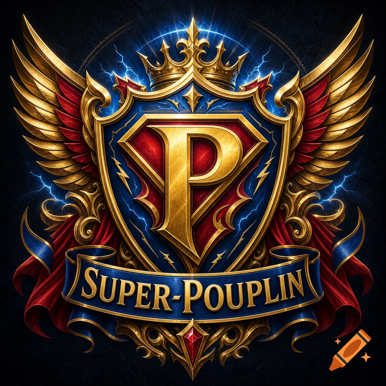 A golden crest featuring a large letter P, angel wings, a crown, and a banner reading SUPER-POUPLIN.