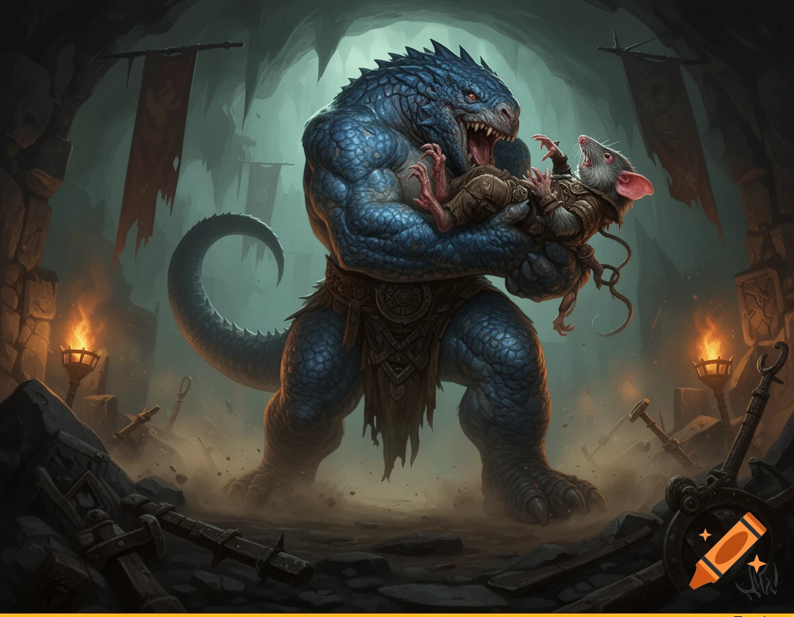 Digital painting of a muscular blue lizard-like humanoid lifting a frightened rat creature in a dark stone cave with torches.