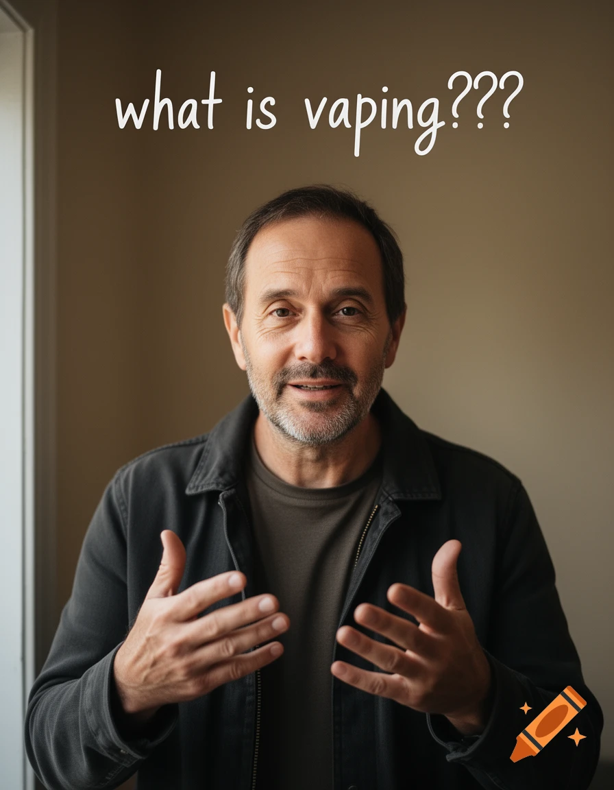 Photorealistic portrait of a middle-aged man gesturing with hands, with the text 'what is vaping???' above him.