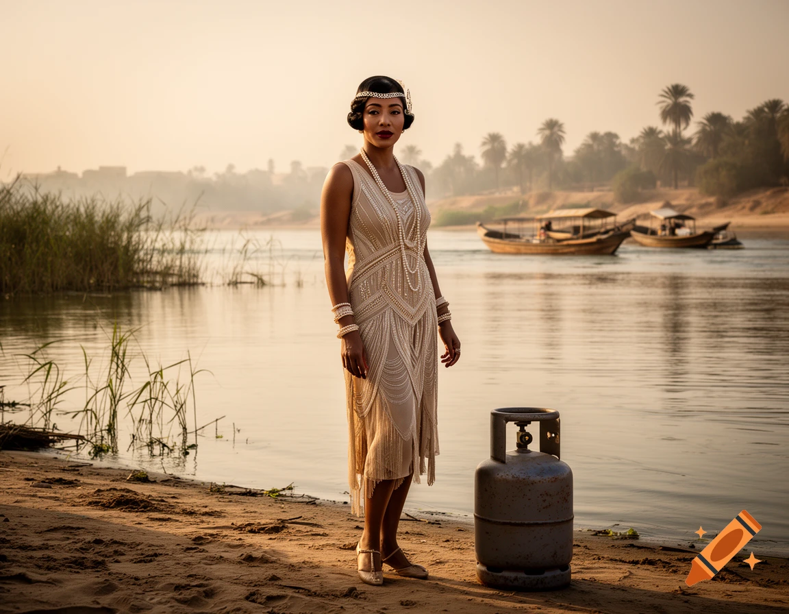 A woman in a 1920s beaded dress standing on the banks of a river with a gas canister, photorealistic.