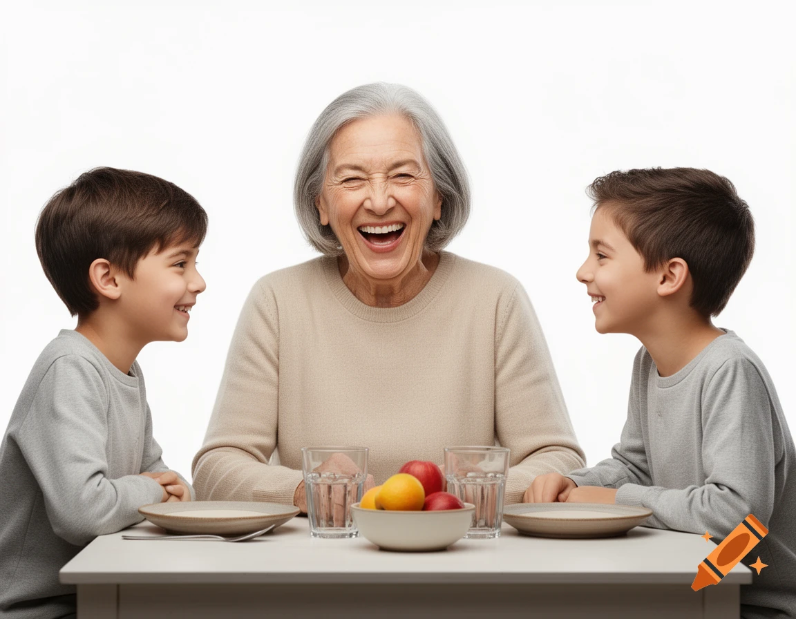 Photorealistic image of an elderly woman laughing at a table between two smiling young boys.