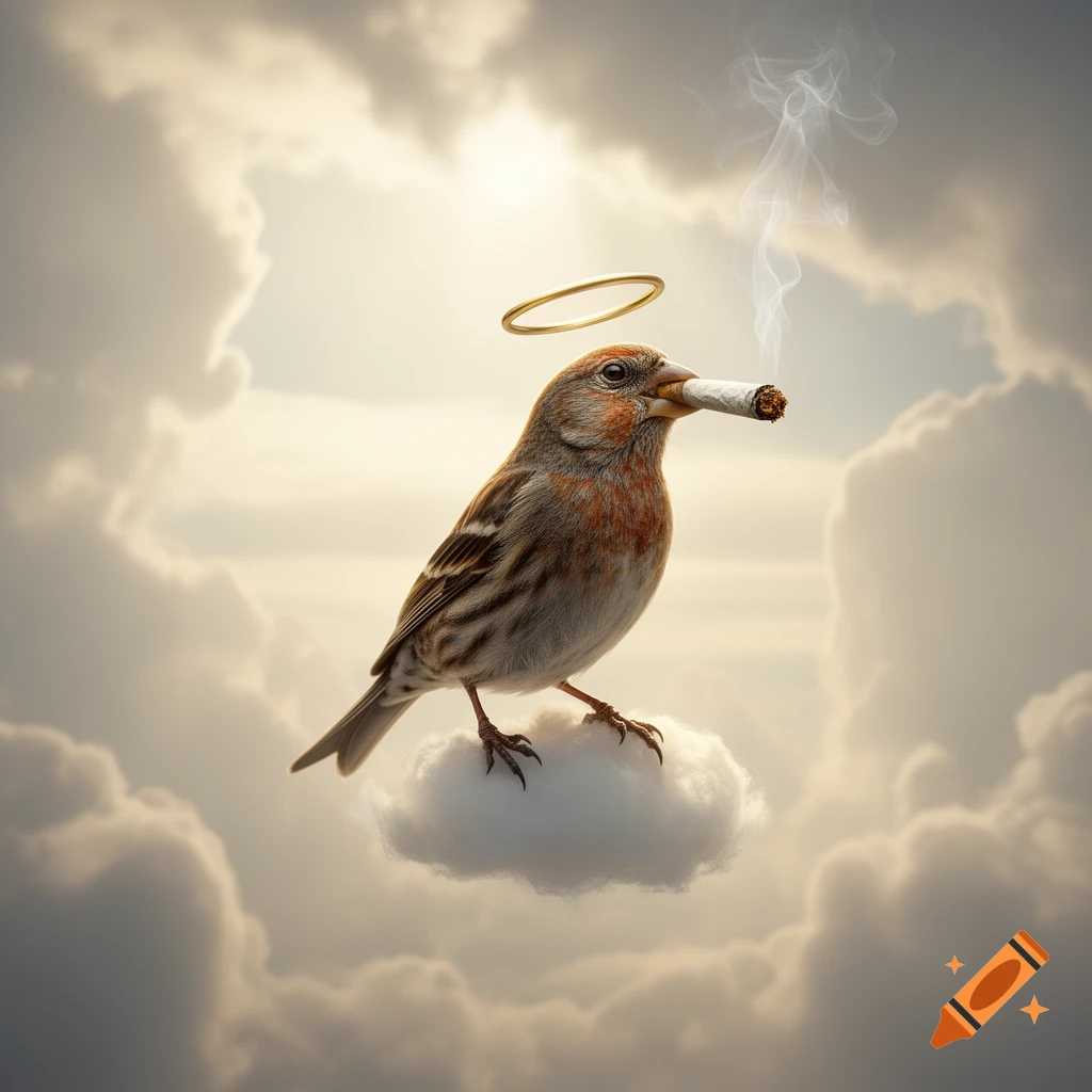 Photorealistic house finch with a golden halo smoking a blunt while perched on a cloud in the sky.