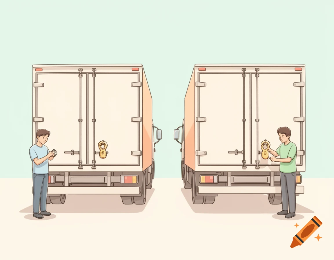 Comic-style illustration of two trucks with people inspecting them, in pastel colors.