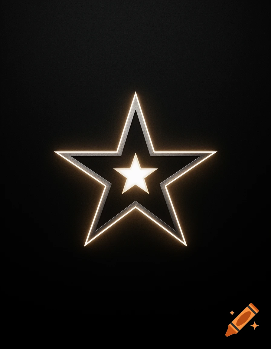 Glowing metallic star with a nested white star in the center against a dark textured background.
