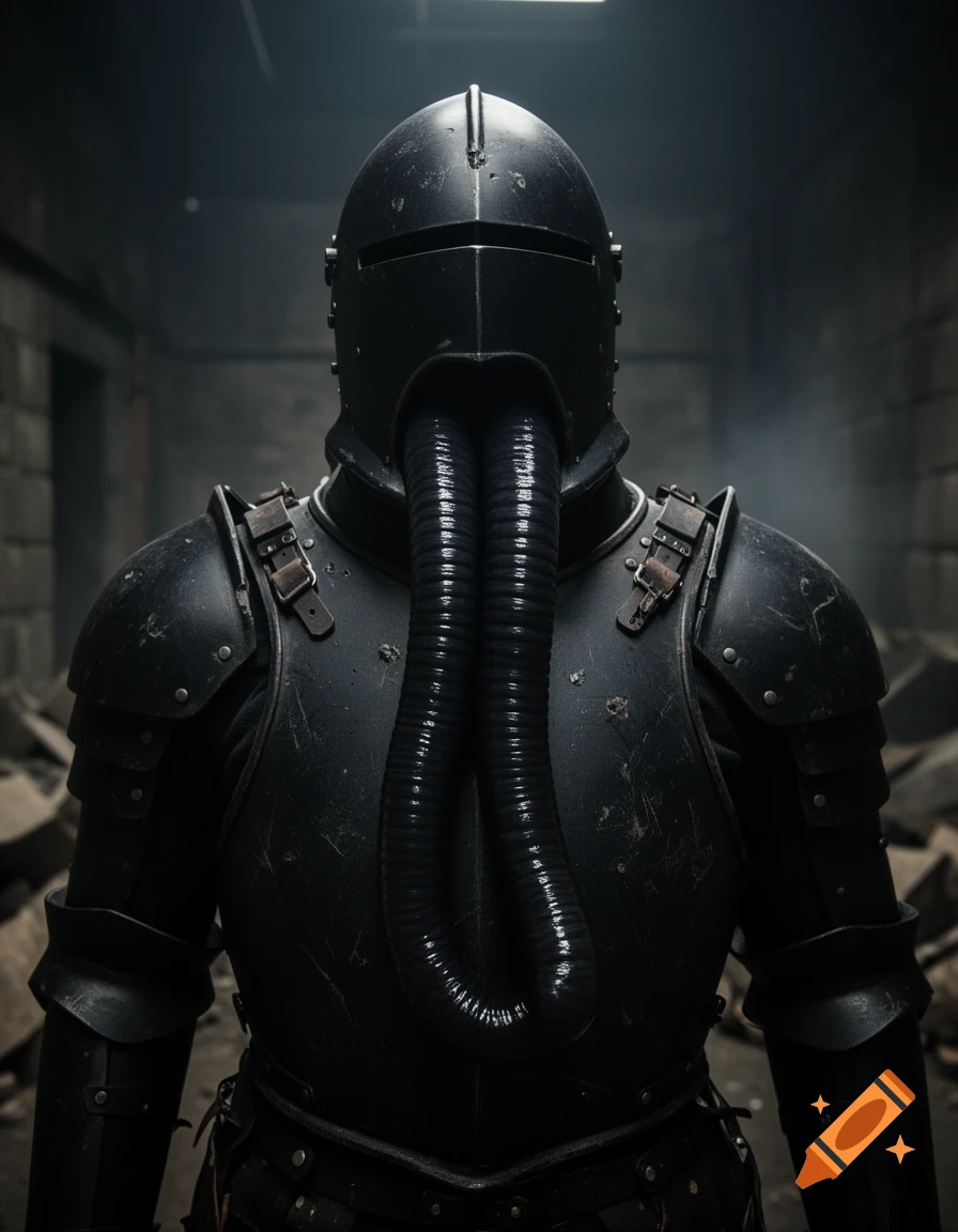 Dark fantasy full-body armor with a helmet and ribbed black tubes attached to the mouth area, standing in a dim, gritty hallway.