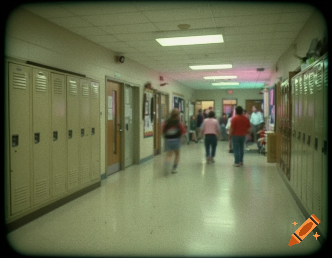 Low quality 1999 footage of a school hallway with lockers and blurry students walking.