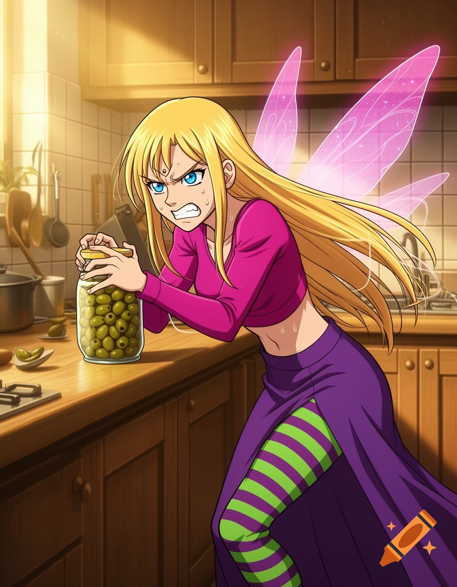 Anime digital art of a blonde teenage fairy struggling to open a jar of olives in a kitchen.