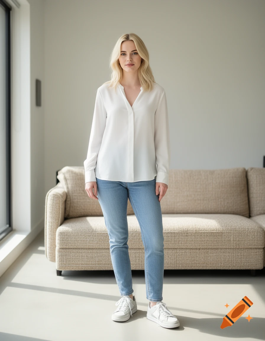 Photorealistic full-body shot of a young blonde woman wearing a white blouse, light blue jeans, and sneakers in a bright room with a beige couch.