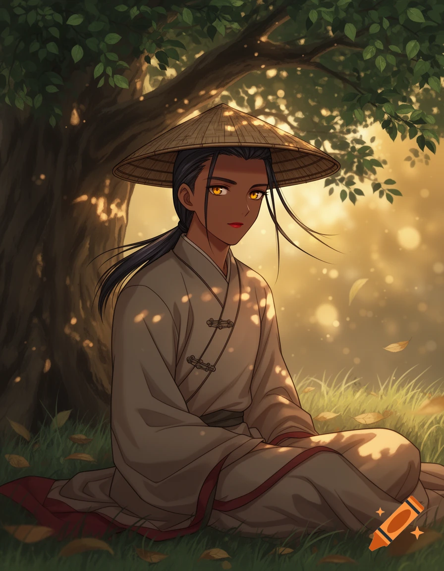 Anime style portrait of a young man with dark skin, amber eyes, and a conical bamboo hat, sitting under a tree.