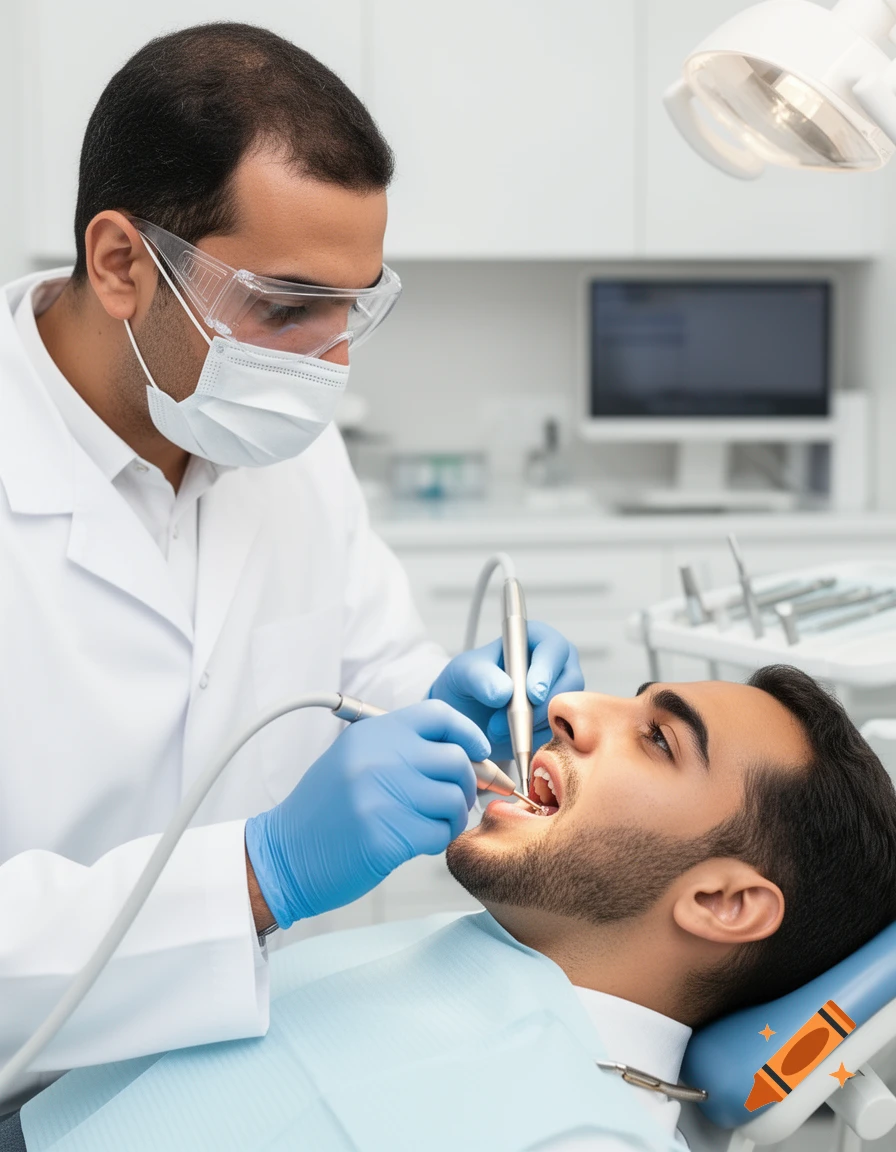 Photorealistic image of a male dentist wearing safety glasses and a mask examining a patient's teeth.