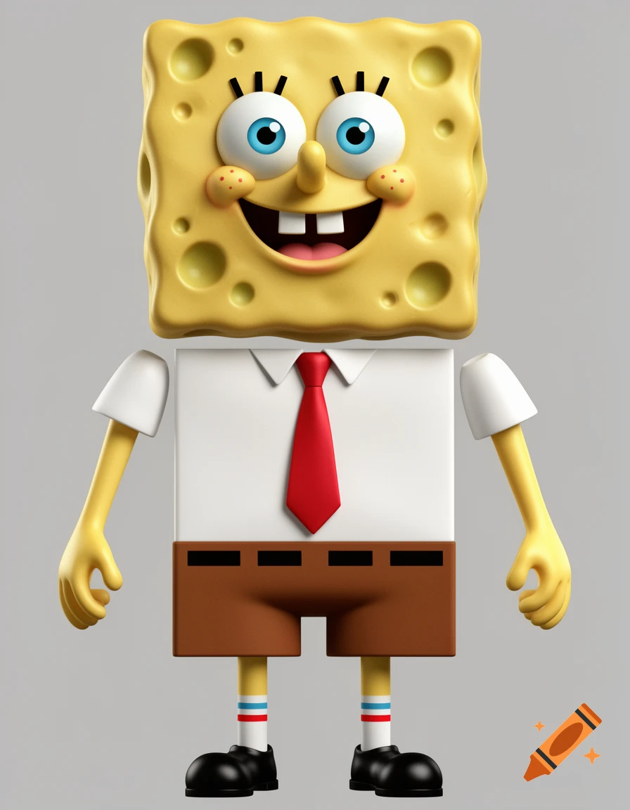 3D render of SpongeBob SquarePants with a square body, red tie, and brown shorts on a gray background.