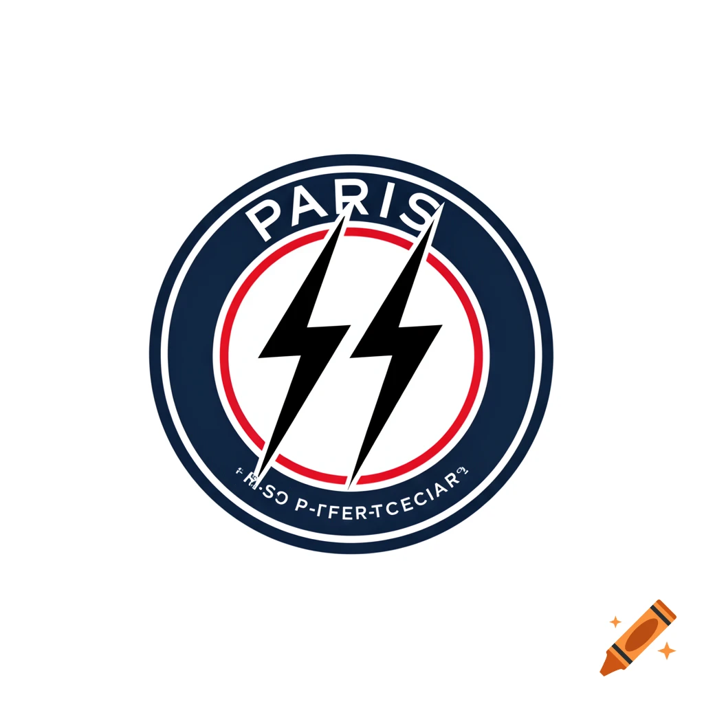 Circular logo resembling PSG with dark blue background, red ring, and two black lightning bolts in the center.