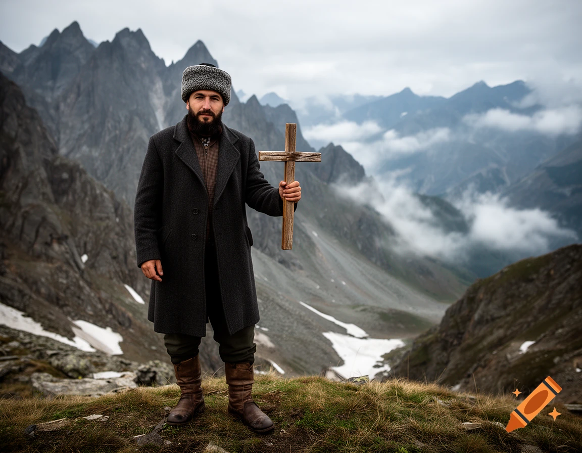 Photorealistic portrait of a man in traditional Caucasian clothing and hat holding a wooden cross in the mountains.
