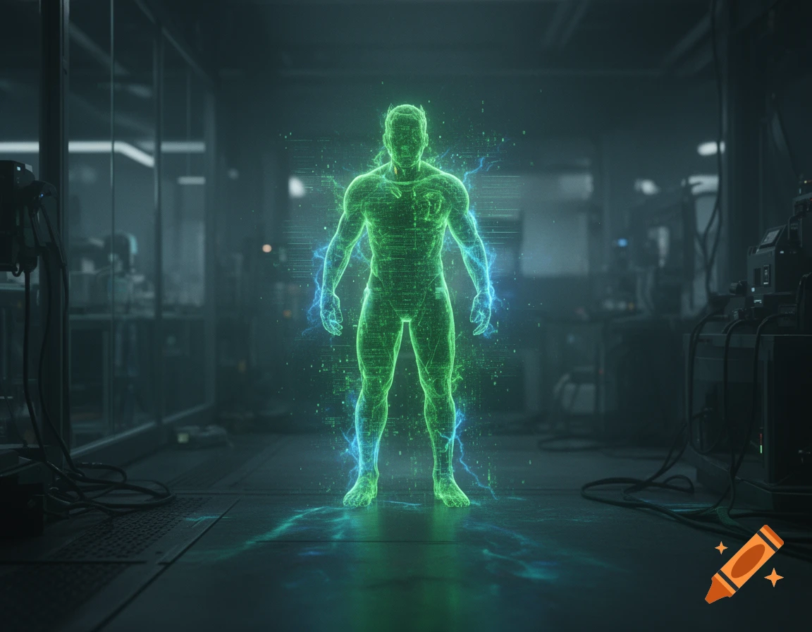 A photorealistic depiction of a glowing green and blue holographic humanoid figure standing in a dark laboratory.