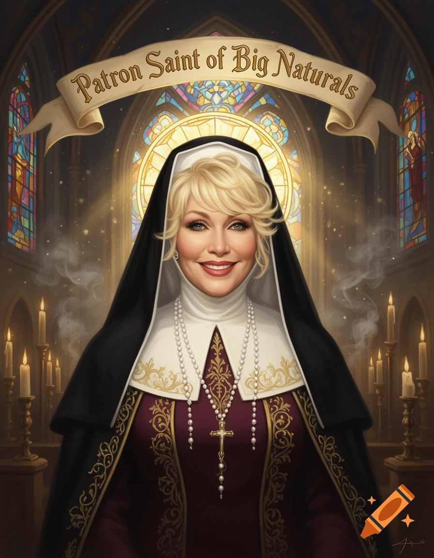 Digital painting of Dolly Parton dressed as a nun in a church, with a banner reading Patron Saint of Big Naturals overhead.