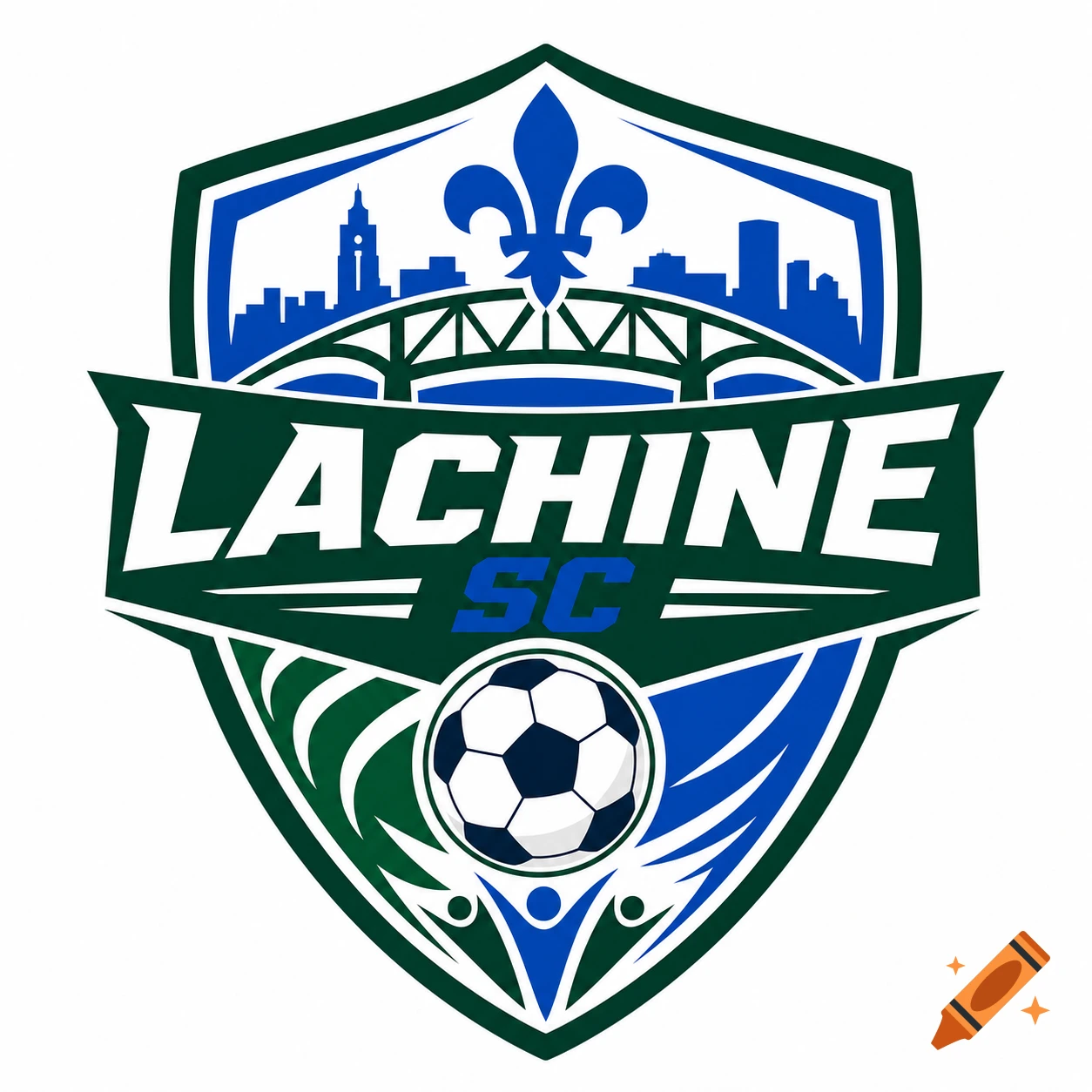 Logo for Lachine SC featuring a shield, skyline, soccer ball, and fleur-de-lis in blue and green.