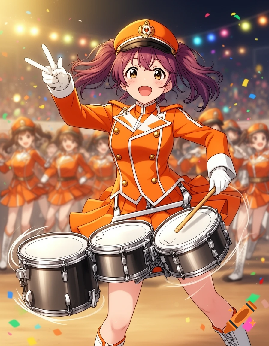Anime girl with reddish hair in an orange marching band uniform, smiling and giving a peace sign while playing quad drums.