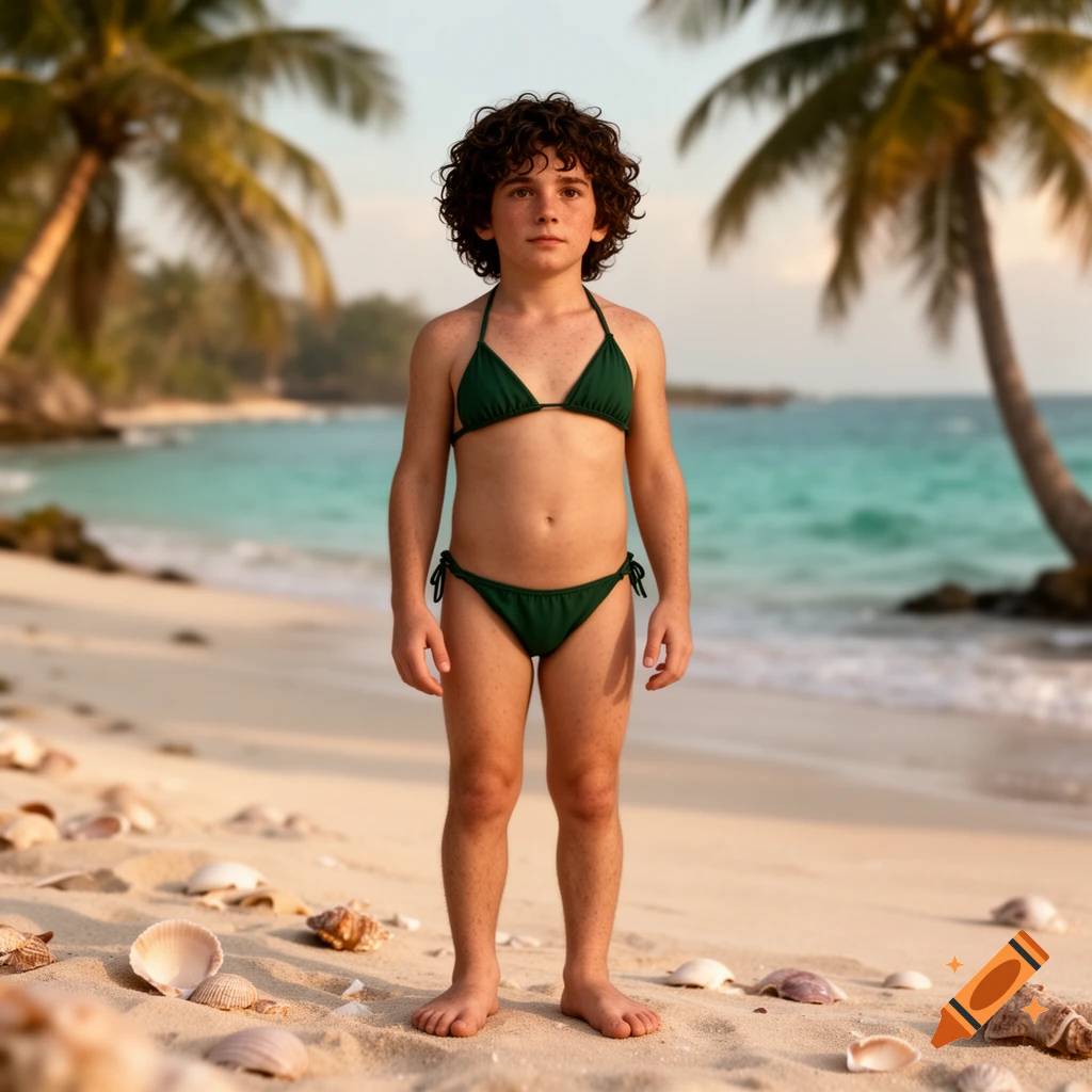 Photorealistic image of Frodo with curly hair standing on a sandy beach in a green bikini, with palm trees and ocean in the background.