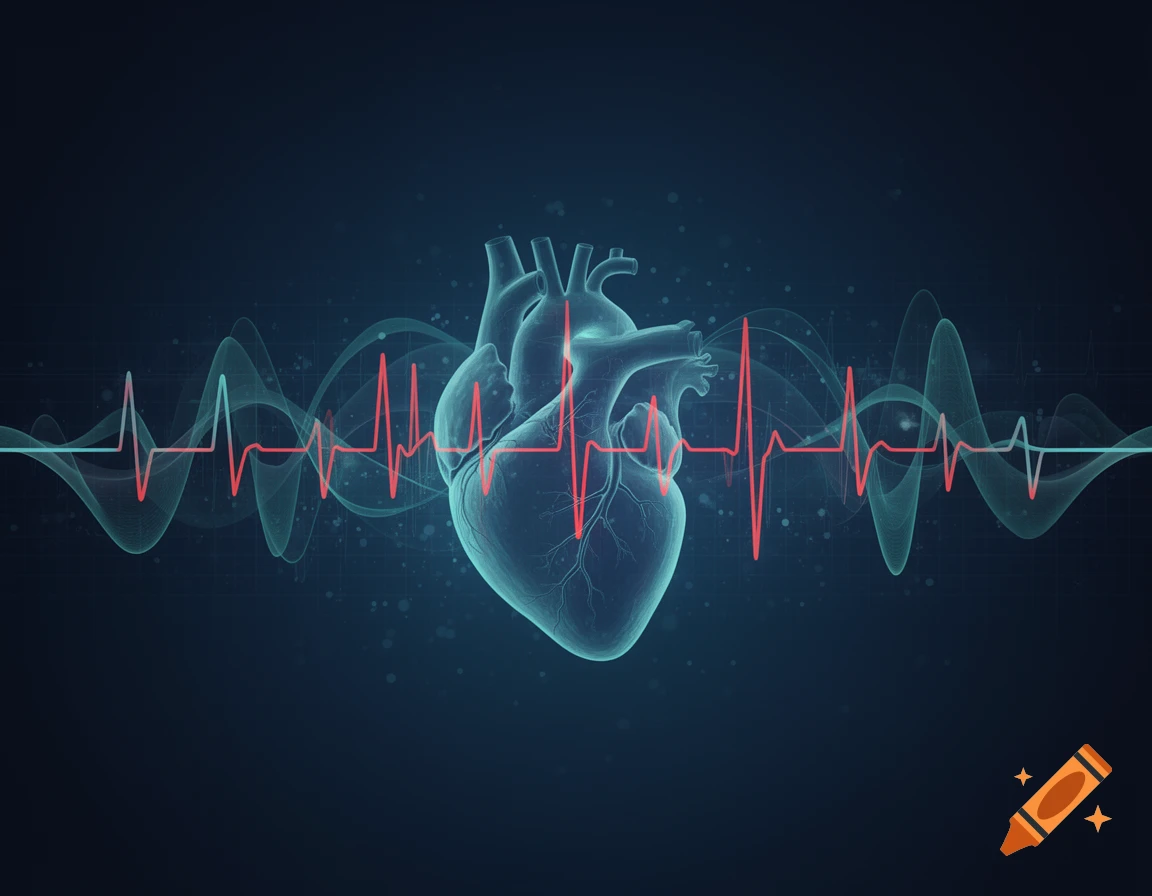 Digital illustration of a human heart with an electrocardiogram line in the background.