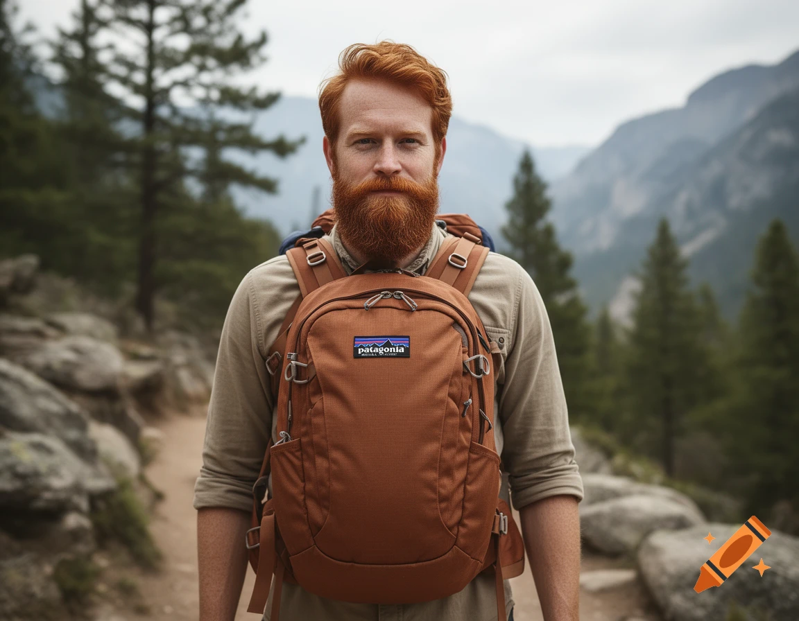 Photorealistic portrait of a red-haired man with a large beard wearing a brown backpack in a mountain setting.