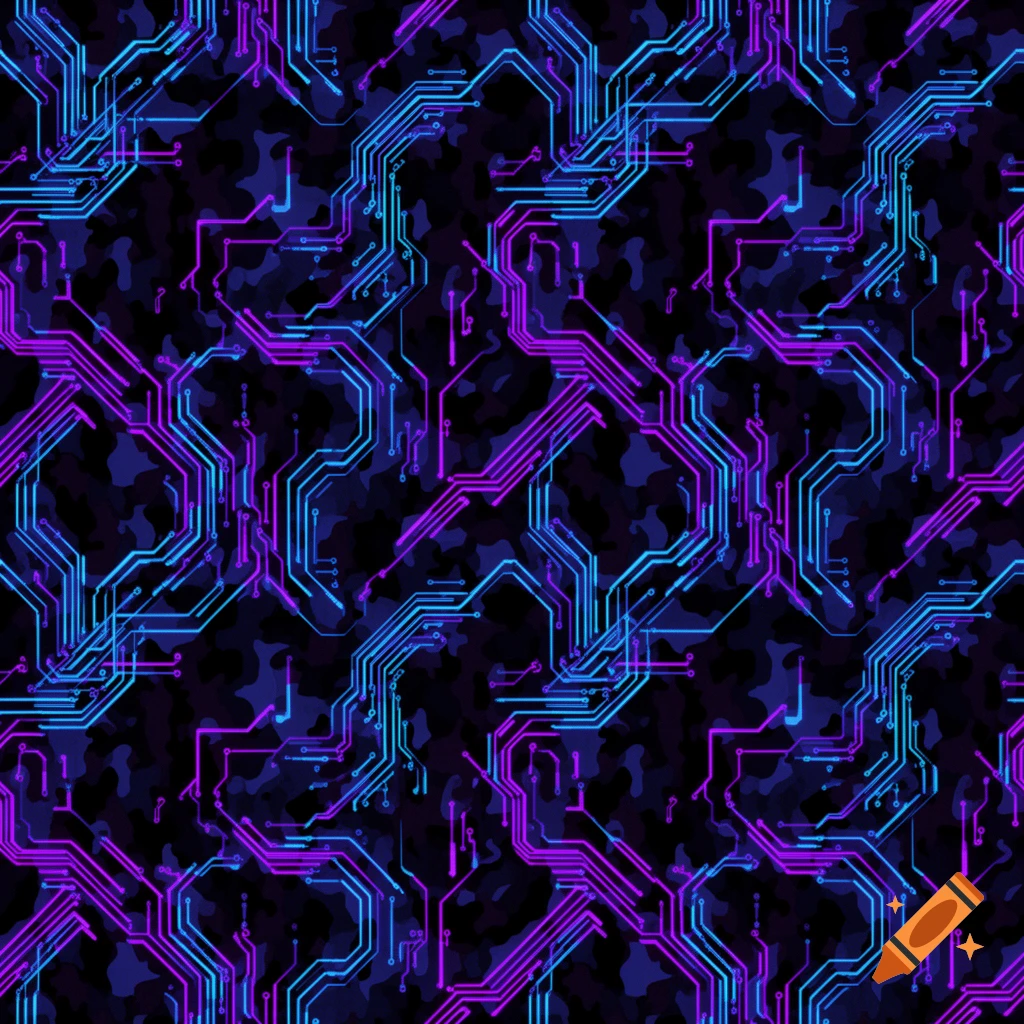 Seamless tileable cyberpunk camouflage pattern with glowing neon blue and purple circuit lines on black.