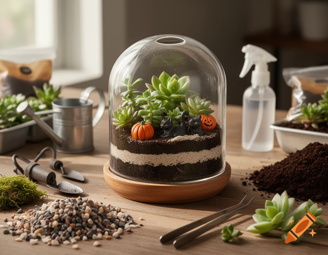 Photorealistic 6-inch glass dome terrarium containing mini succulents and small Halloween cat and pumpkin figurines on a wooden table.