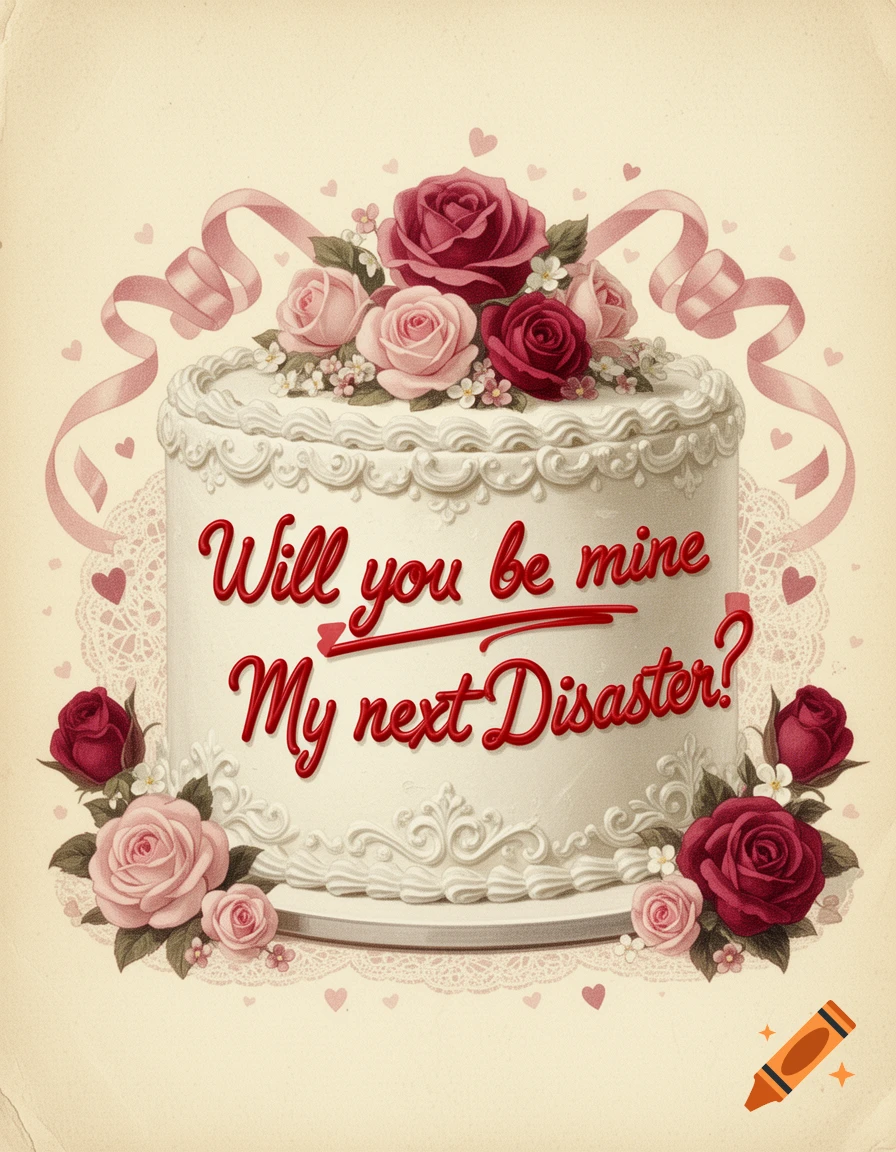 Vintage 1950s style greeting card with a white frosted cake, red cursive icing text, and pink roses.