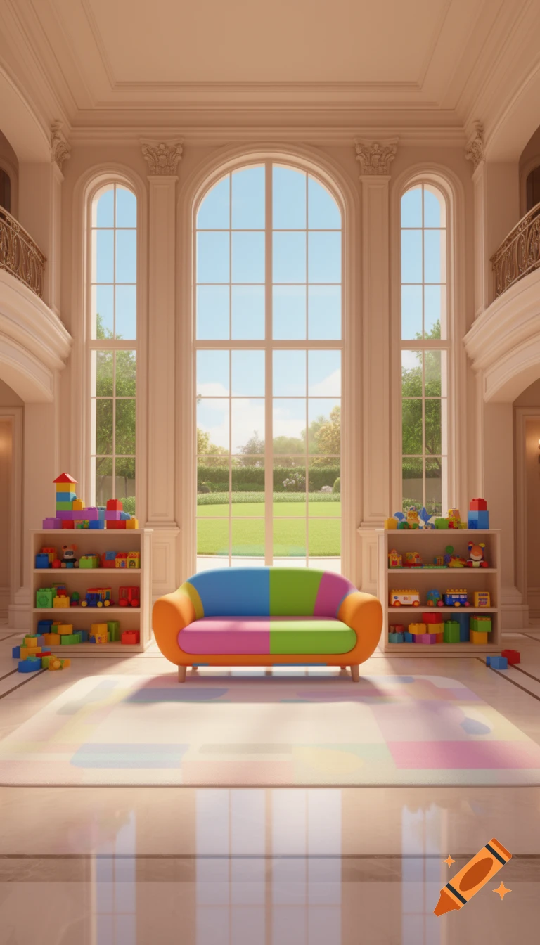 3D cartoon style luxury playroom with high windows, colorful modern sofa, toy shelves, and pastel rug.