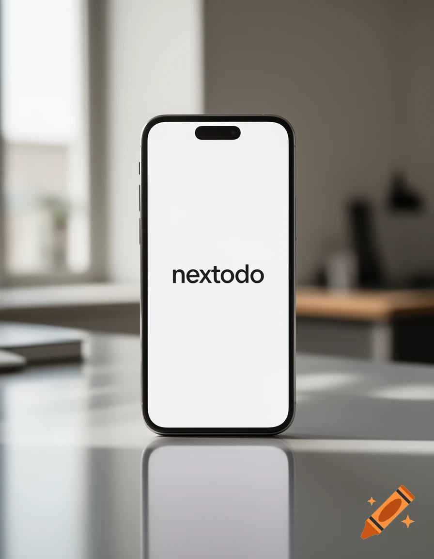 A smartphone resting on a reflective surface with the word nextodo on the screen in a photorealistic style.