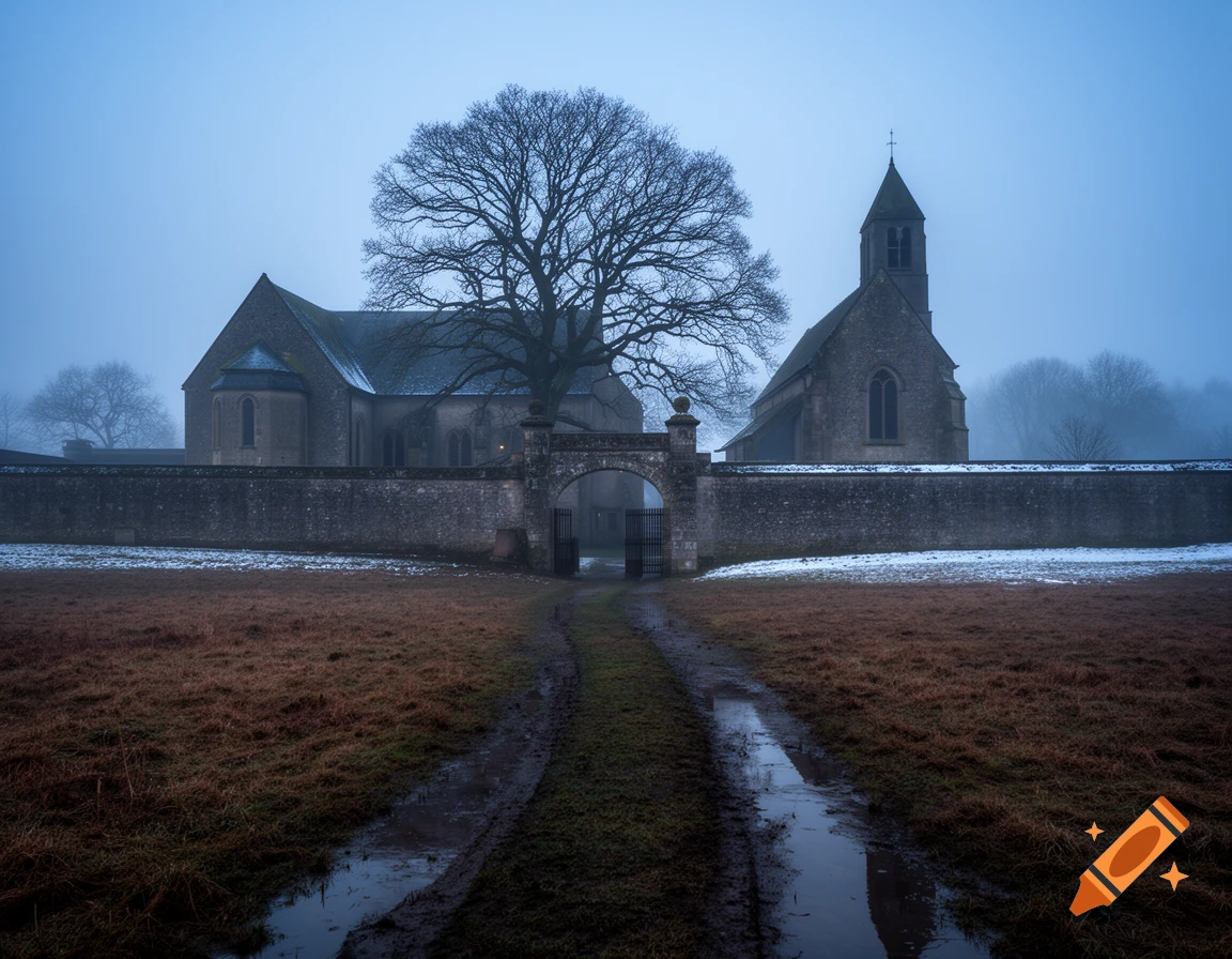 A photograph of a monastery complex with a bare oak tree in winter twilight, viewed across a muddy field through a walled gate.